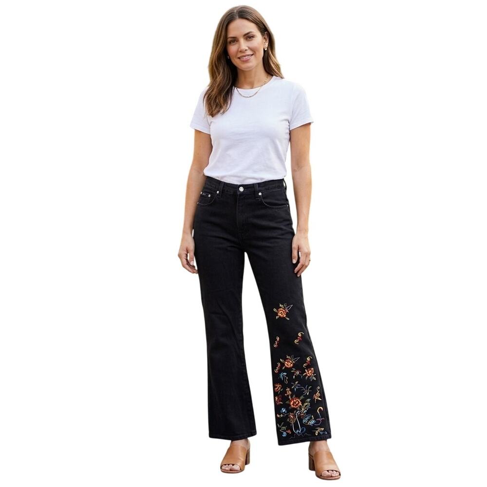 Express Flare Jeans Womens 5/6 Black Y2K Floral Boho Embroidered Mid Rise USA